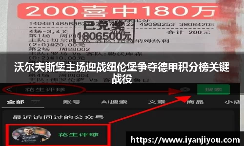 沃尔夫斯堡主场迎战纽伦堡争夺德甲积分榜关键战役